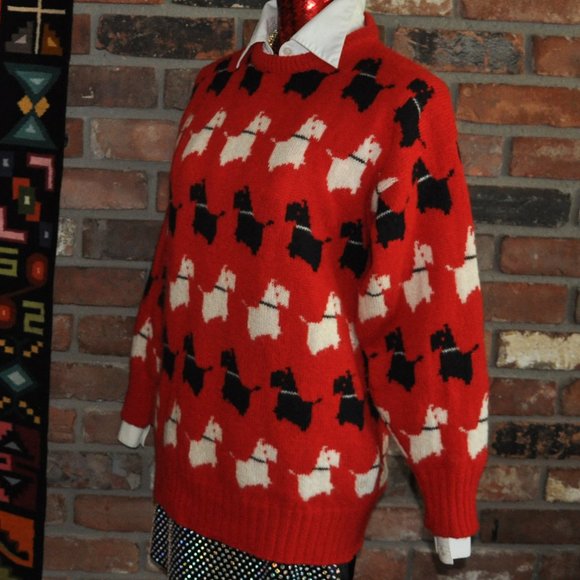 VTG KNIT PICS Scotland 100% WOOL Red Black White Scottie TERRIER DOG Sweater 38 - Picture 4 of 5